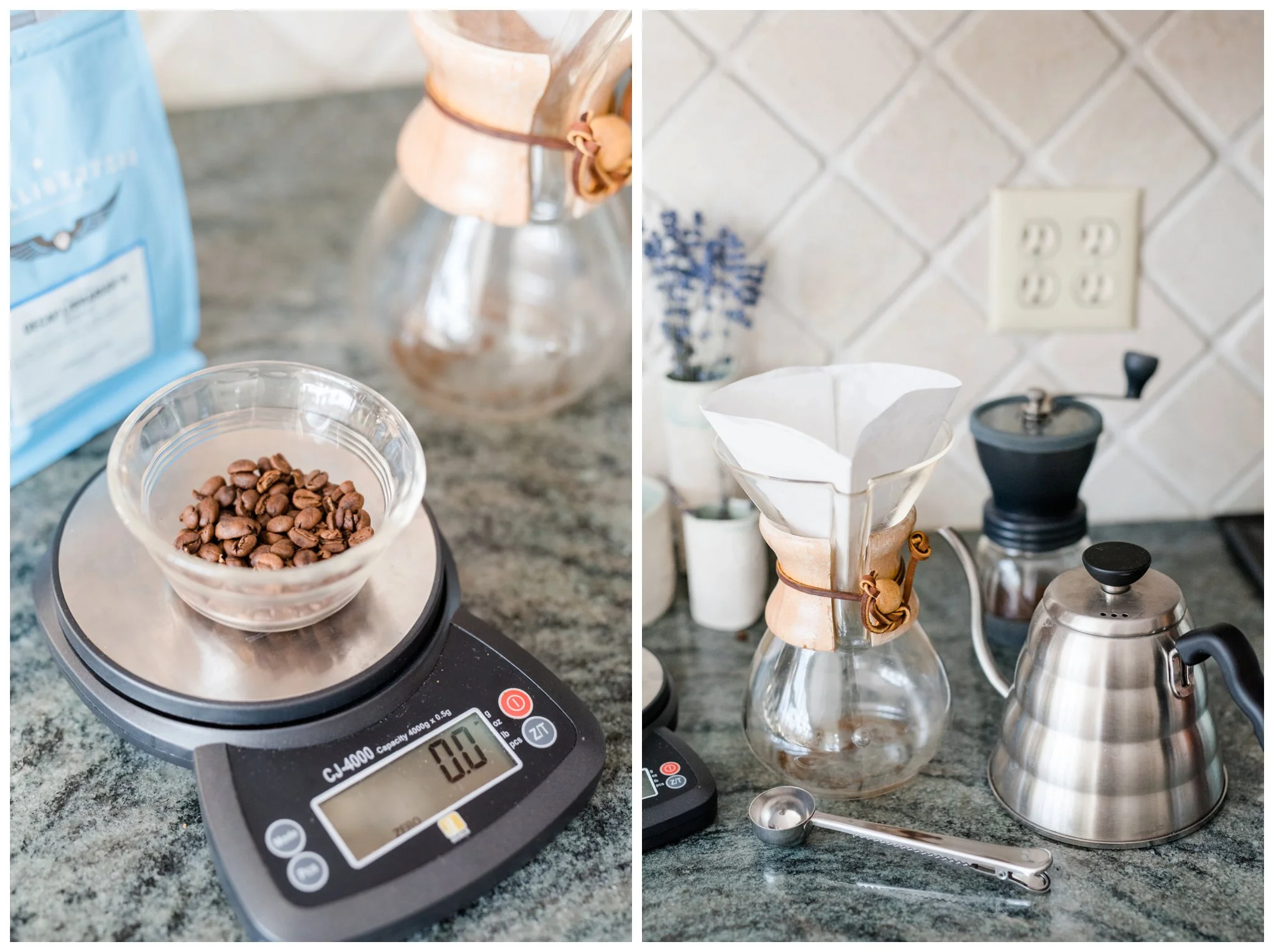 So here we will now grind the beans and then the coffee will be placed in the filter on top of the carafe.