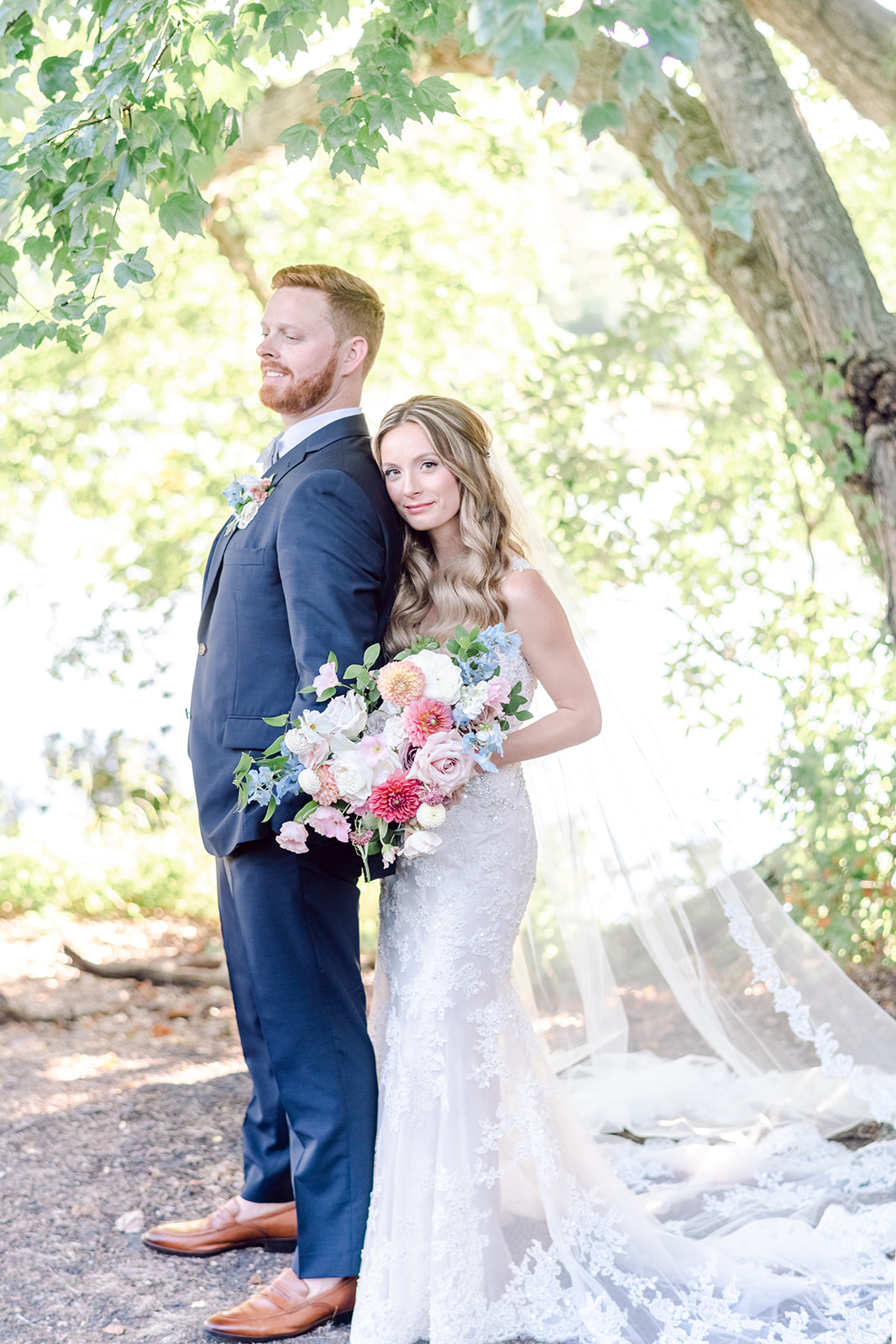 Bright wedding bouquet detail with textured seasonal flowers