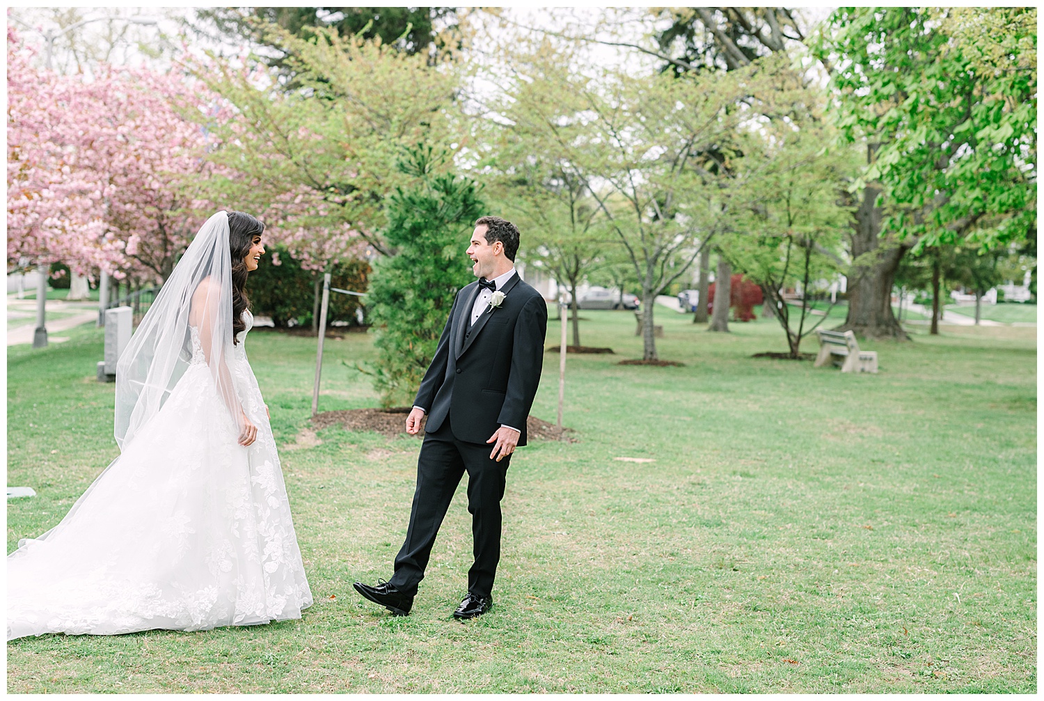 nj wedding first look for bride and groom among the cherry blossoms