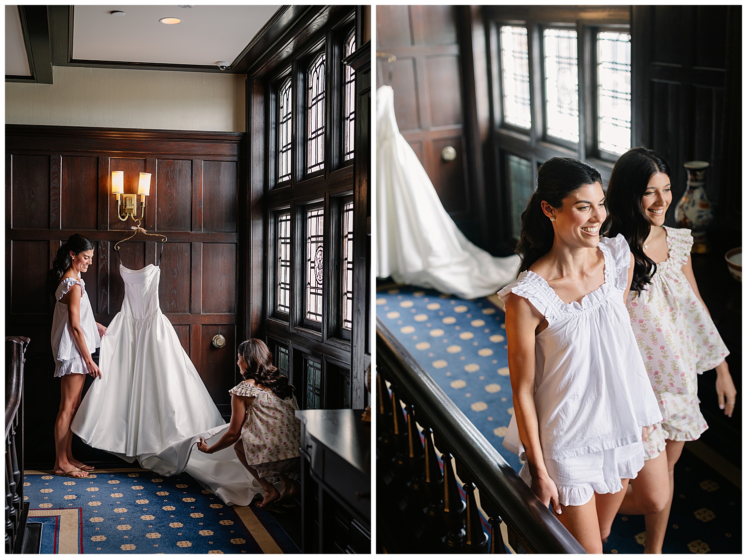bride and sister fixing wedding gown