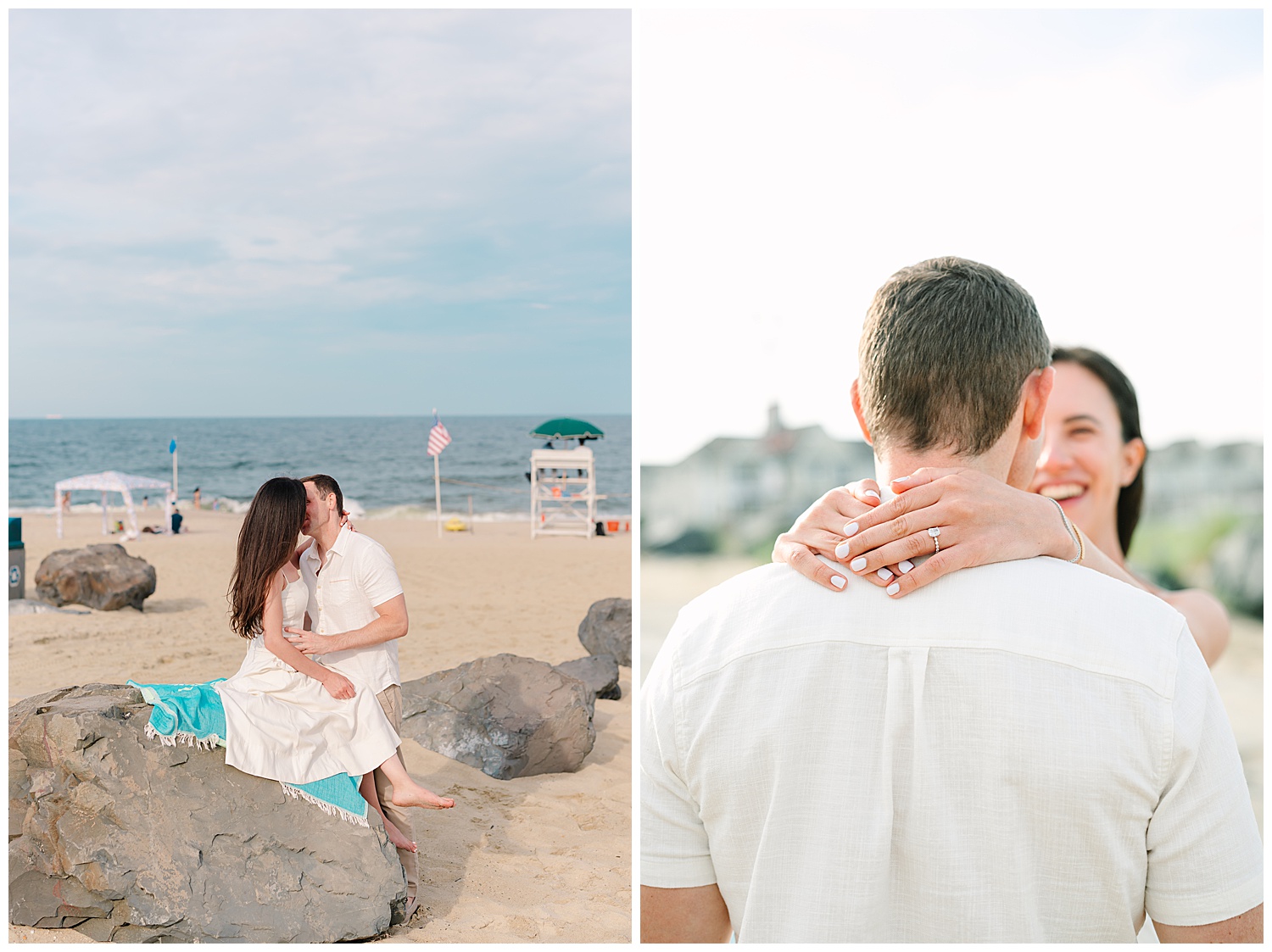 couple sitting and kissing on rock during a whimsical engagement session