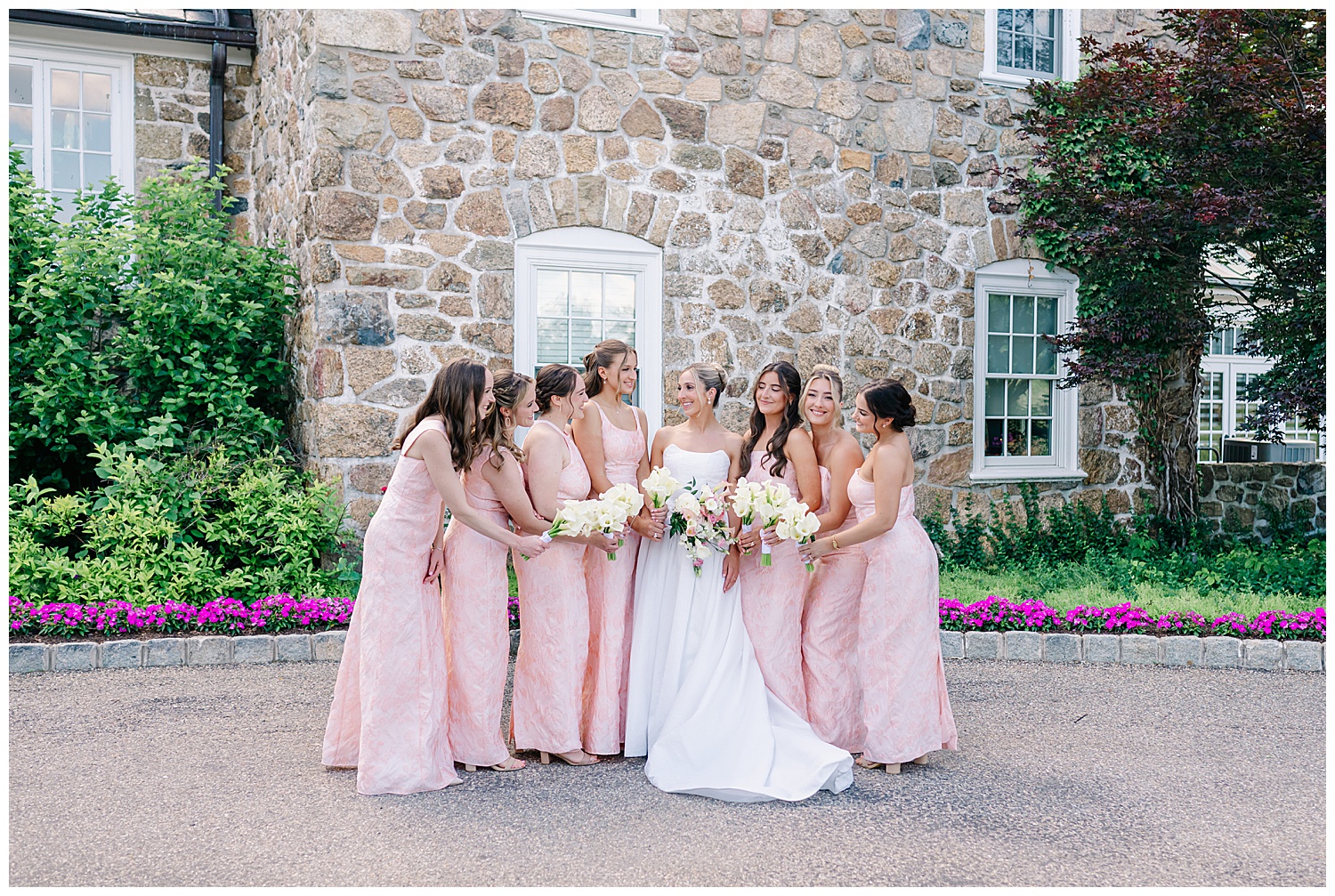 Pale pink bridesmaid dresses and navy tuxedos at Fiddler's Elbow wedding