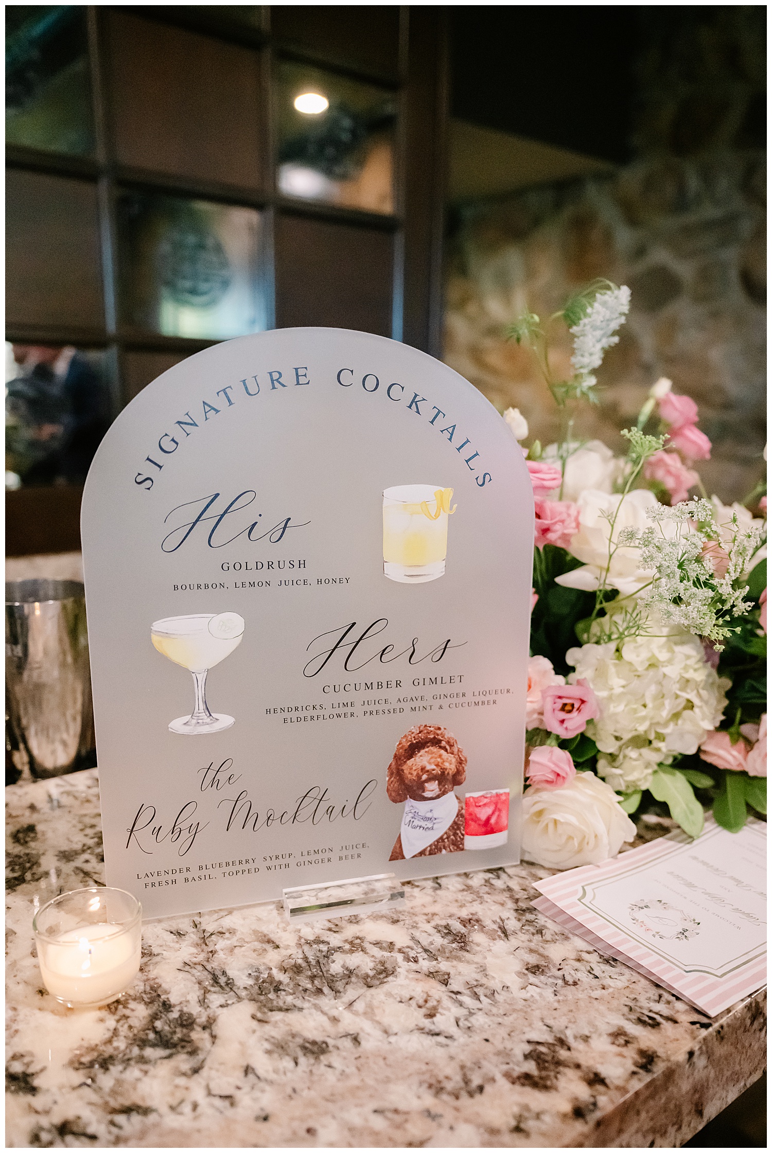 Custom Ruby mocktail and cocktail napkins at NJ wedding reception