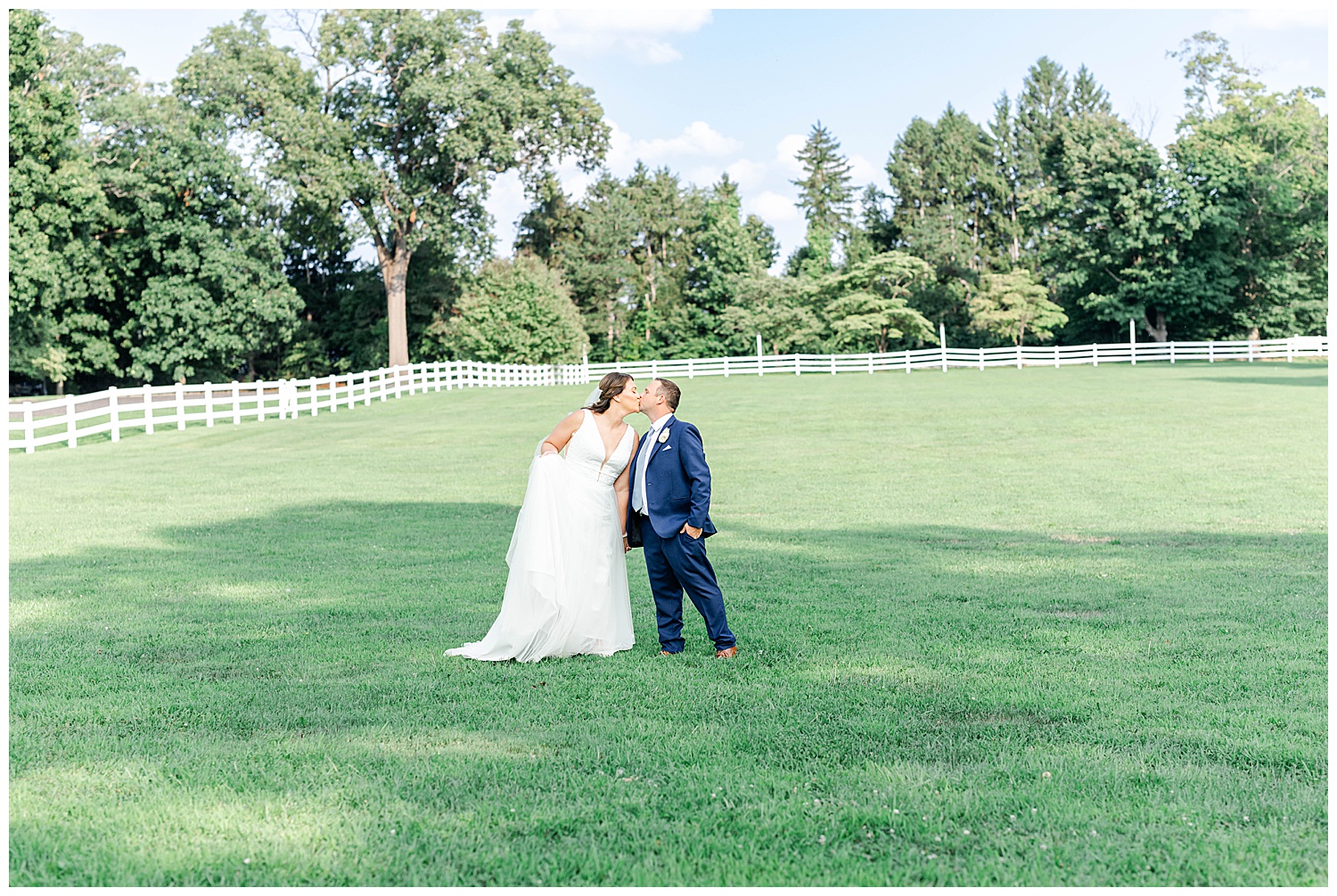 bride and groom kissing in field