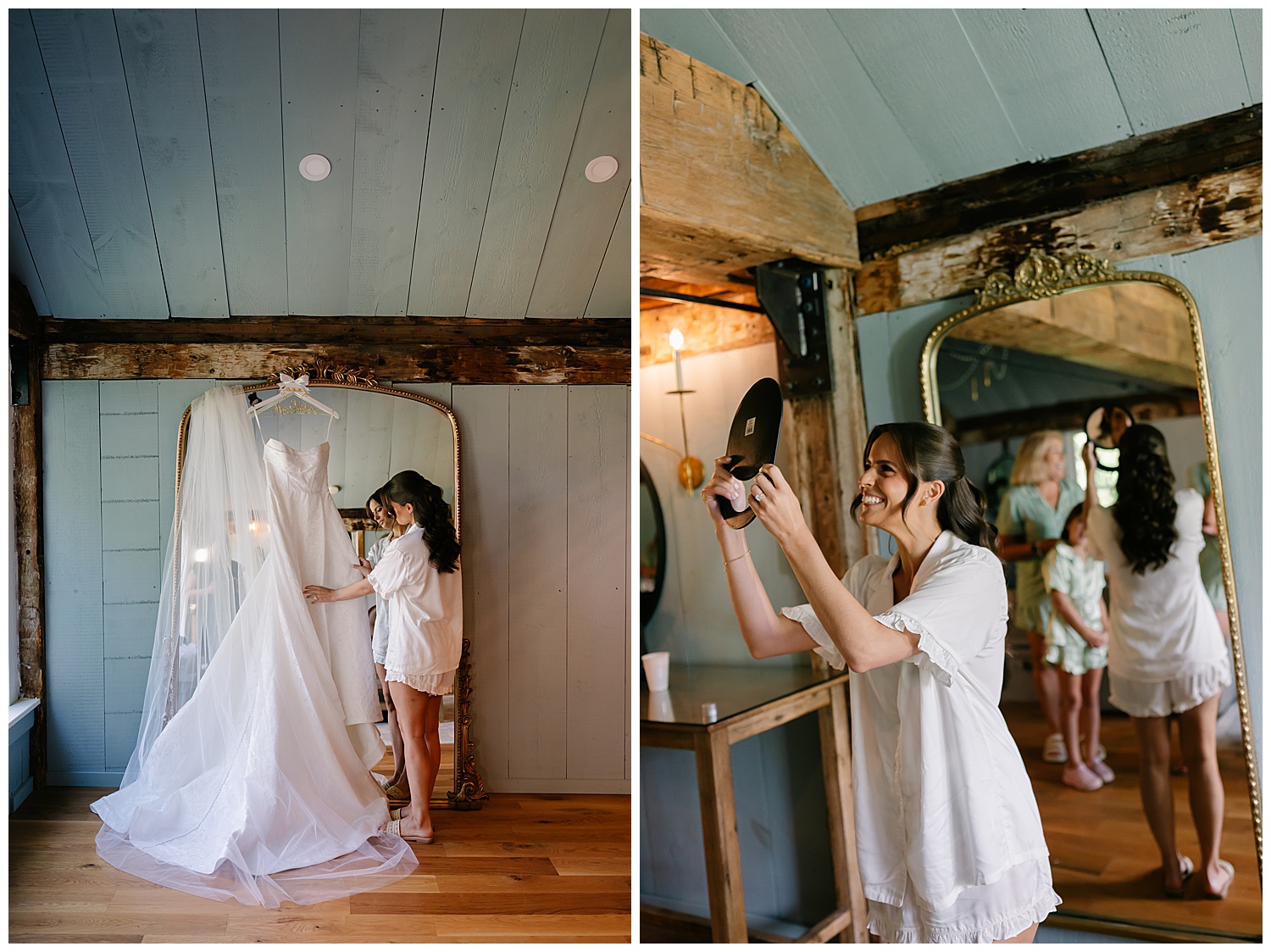 bride looking at her wedding gown