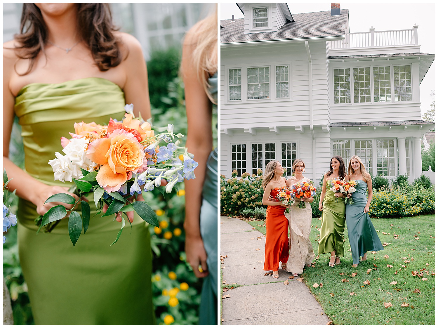 bride and daughters walking with colorful bouquets