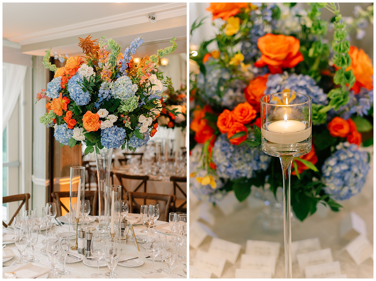 beautiful table florals of orange blues and greens