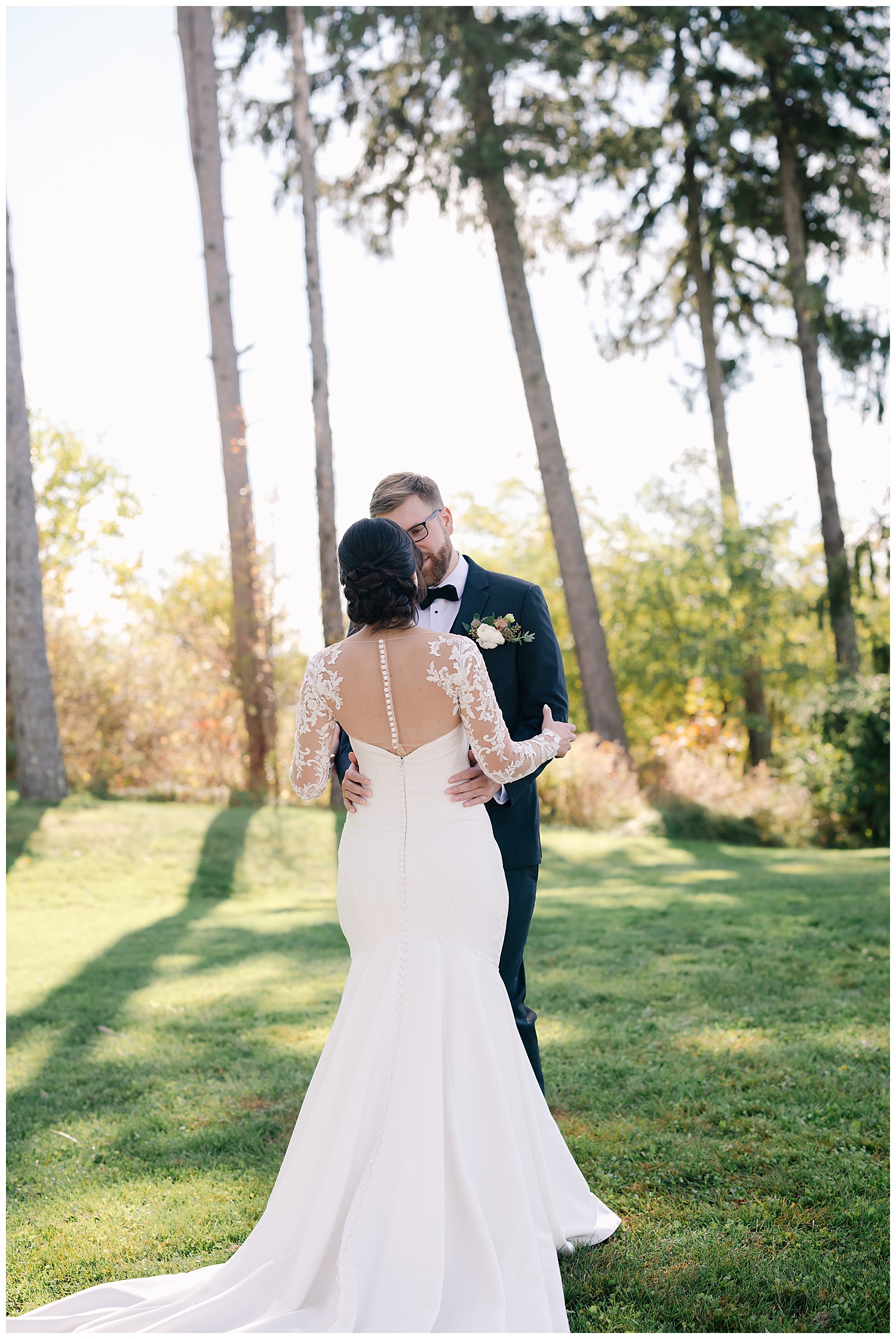 bride and groom having their first look on wedding day